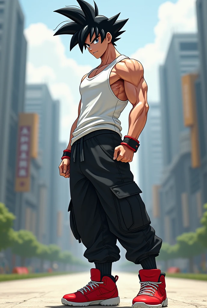 Anime-like illustration, fantastic atmosphere, a very handsome young man with black hair and black eyes, wearing a blue and white T-shirt, blue pants, and black sandals, squatting alone in a cityscape with a blue sky. He has a detailed, symmetrical face and clear, expressive eyes. The background is a modern cityscape with a vibrant urban atmosphere and no one around