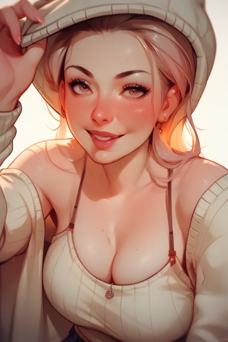 a beautiful woman sleeping naked , a boy taking selfie with the naked woman , shirt unbuttoned , bare chest and nipples , soft shading