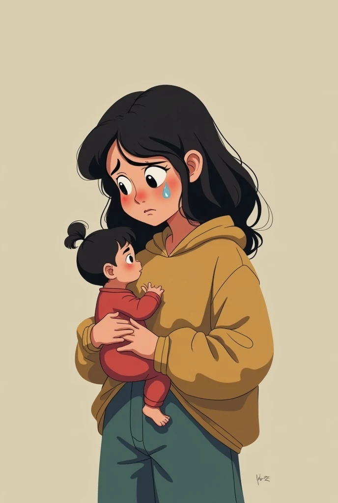 a young woman holding her baby,studio ghibli art style,studio ghibli art style,studio ghibli art style,studio ghibli art style