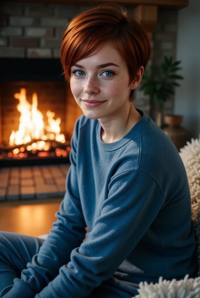 feminine figure, redhead, freckles, best quality, realistic skin texture, photography, detailed facial features, film grain texture and high contrast, extremely high-resolution details, photographic, photorealistic, hyper-realistic, HDR, masterpiece, ((very short pixie style hair)), thin waist, wide hips, sitting in front of the fire in the living room, wearing a blue sweater and sweatpants, smiling