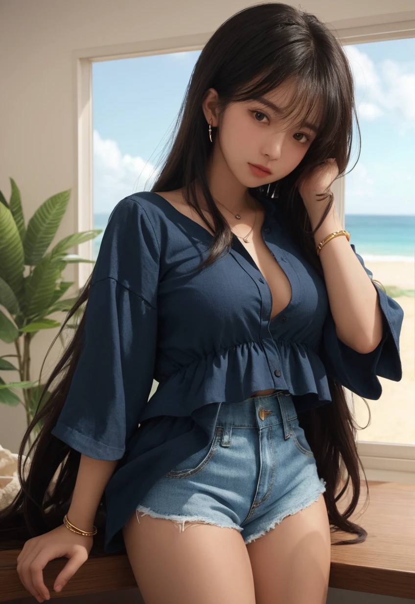 Kaori, Single model, solo, half Asian, half Latino, very long straight black hair, freckles, blushing, long chain pendant, hoop earrings, very large heavy breasts, chubby, belly, stretchmarks, sheer capped sleeve top, blue gingham dress, white pantyhose
