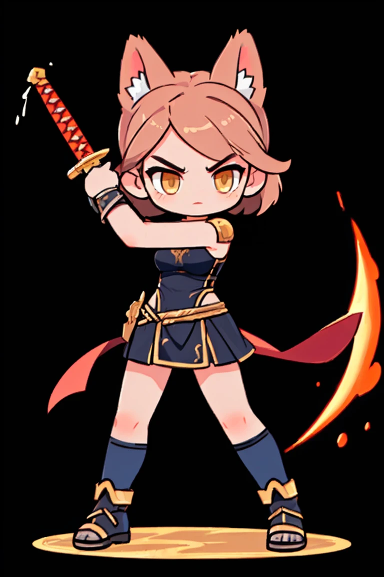 A female warrior wields a sword  ,   Greek female warrior, Costume color black, Natural background. ivory hair  ,  cat ears , brown eyes ,  Hero landing moves with a sword,   Battle Sword  . Aggressive posture  