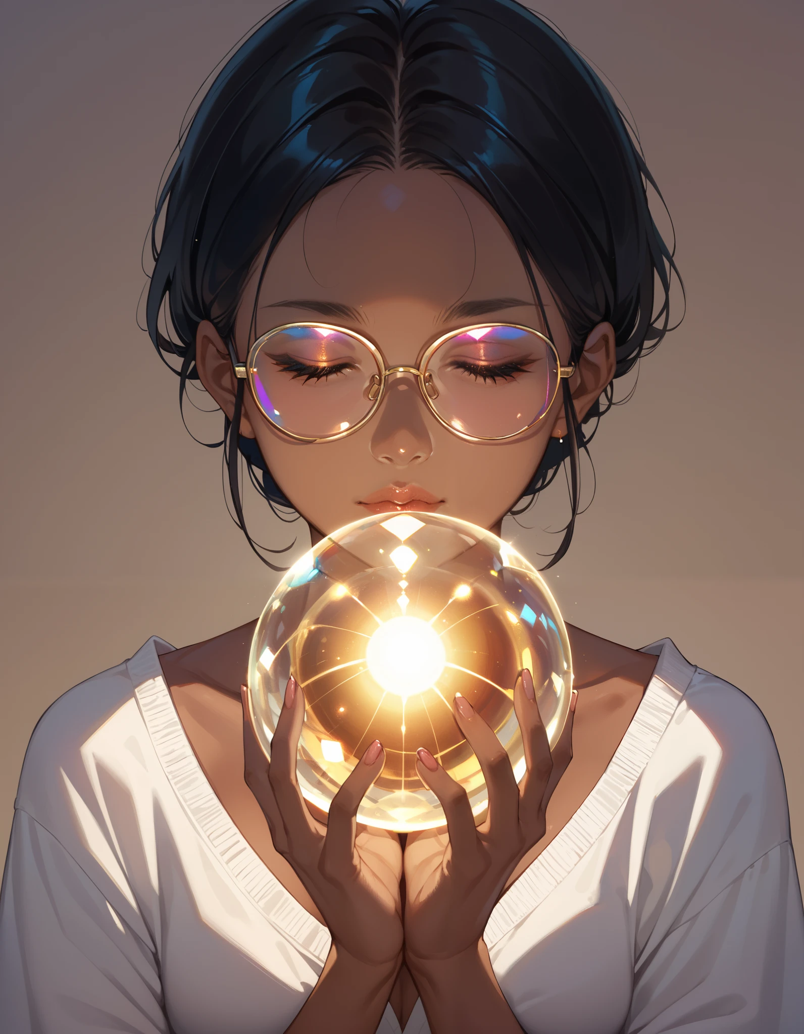 (( 1 girl)), Anime,  black hair, Dark Skin, Shiny glasses lenses, Mouth closed and expressionless,  is sitting, She holds a glowing sphere in her hand.、Two other glowing spheres orbit her..