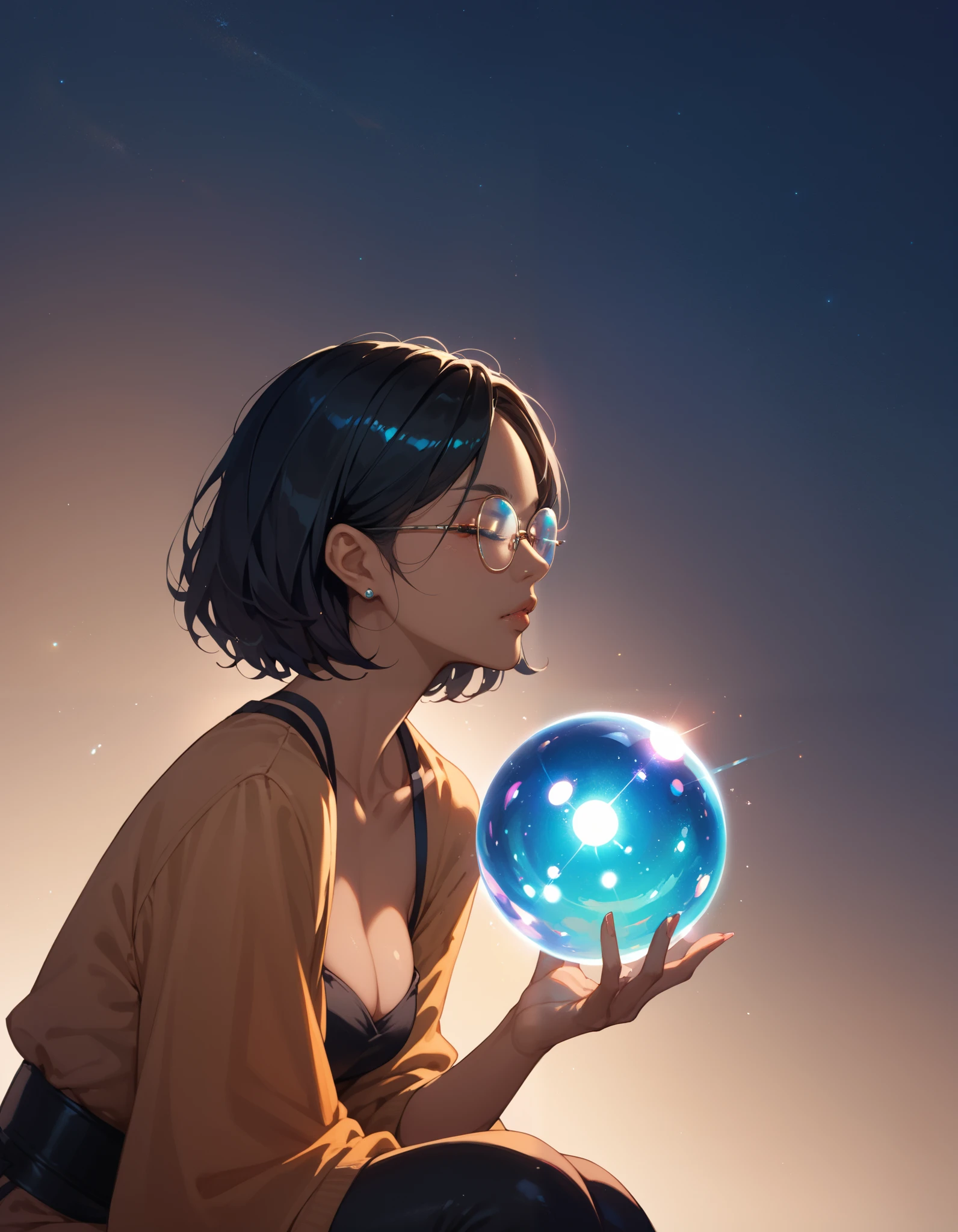 (( 1 girl)), Anime,  black hair, Dark Skin, Shiny glasses lenses, Mouth closed and expressionless,  is sitting, She holds a glowing sphere in her hand.、Two other glowing spheres orbit her..