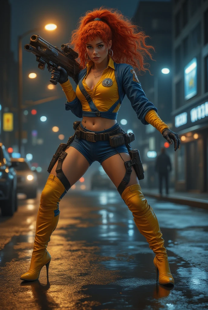 full body and feet ultra high definition image of a gorgeous redhead gifted woman with curly hair and ponytail holding a bazooka weapon posing in the city, applying rule of thirds. She is wearing a yellow tight top with blue sleeves with police insignia, blue tight shorts, black leather tactical belt, yellow leather over the knee high heel slim boots with blue details, city street background. night.