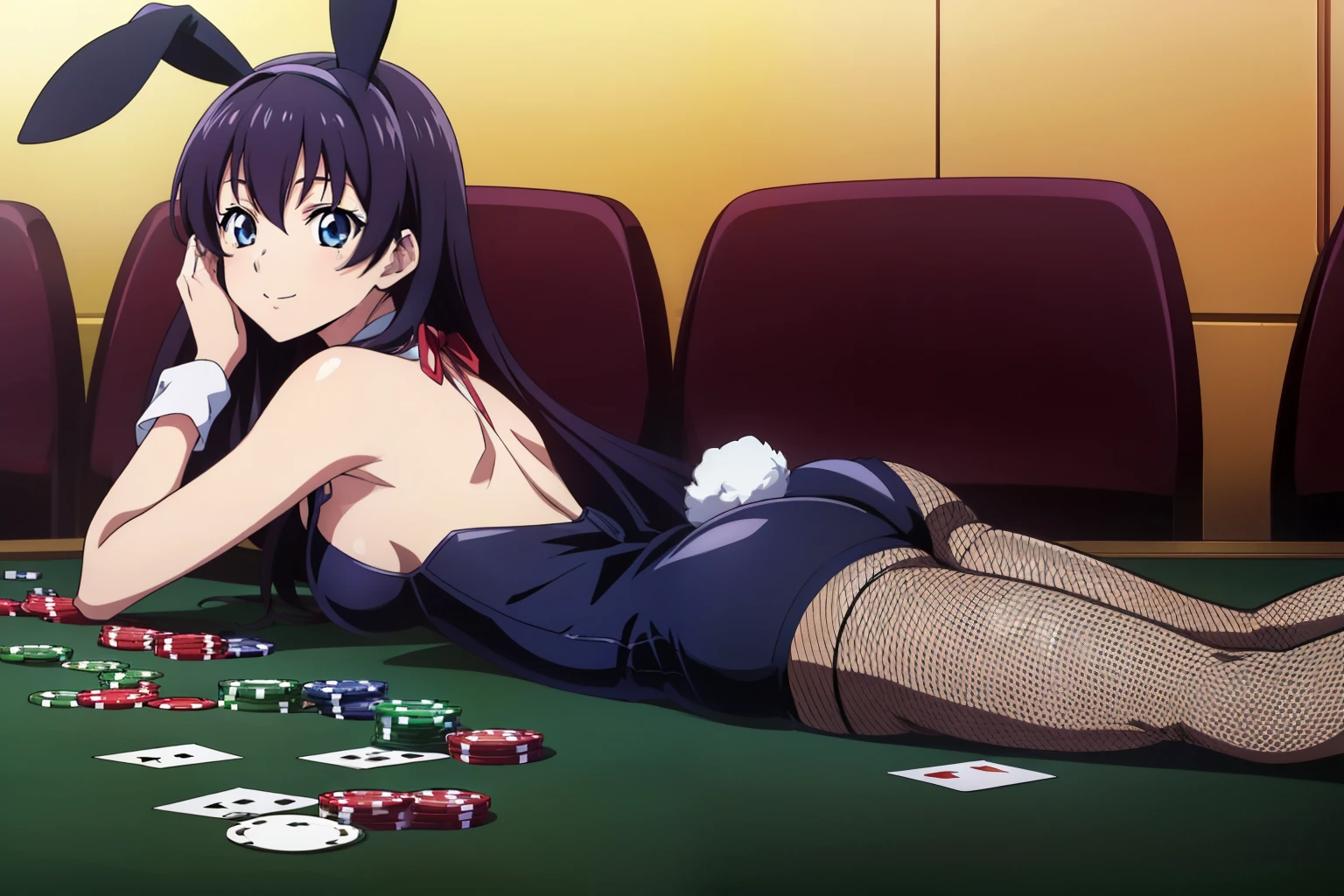 best quality, high resolution, (ass focus), from below, (huge breasts), leaning forward, casino, karin kakudate, very dark skin, halo, very long hair, tattoo, ponytail, playboy bunny, rabbit ears, black leotard, detached collar, aqua bow, fishnet pantyhose, wrist cuffs, white gloves, blush, embarrassed