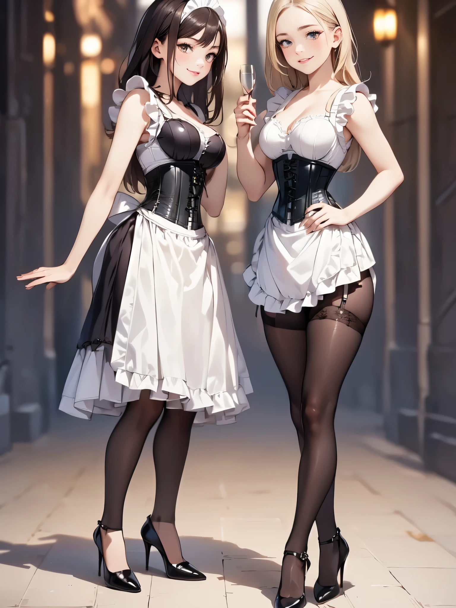((White background)) 1mother with daughter showing her asses,barefeet, cute, ((Short black hair girl and long blonde hair girl)), maid victorian, maid apron, straight face, dazed, Body position: Standing, straight, symmetrical, barefoot, smile face, lustful smirking smile face red blushed red cheeks