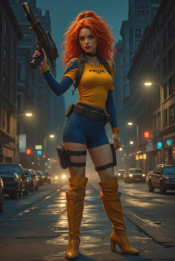 full body and feet ultra high definition image of a gorgeous redhead gifted woman with curly hair and ponytail holding a bazooka weapon posing in the city, applying rule of thirds. She is wearing a yellow tight top with blue sleeves with police insignia, blue tight shorts, black leather tactical belt, yellow leather over the knee high heel slim boots with blue details, city street background. night.