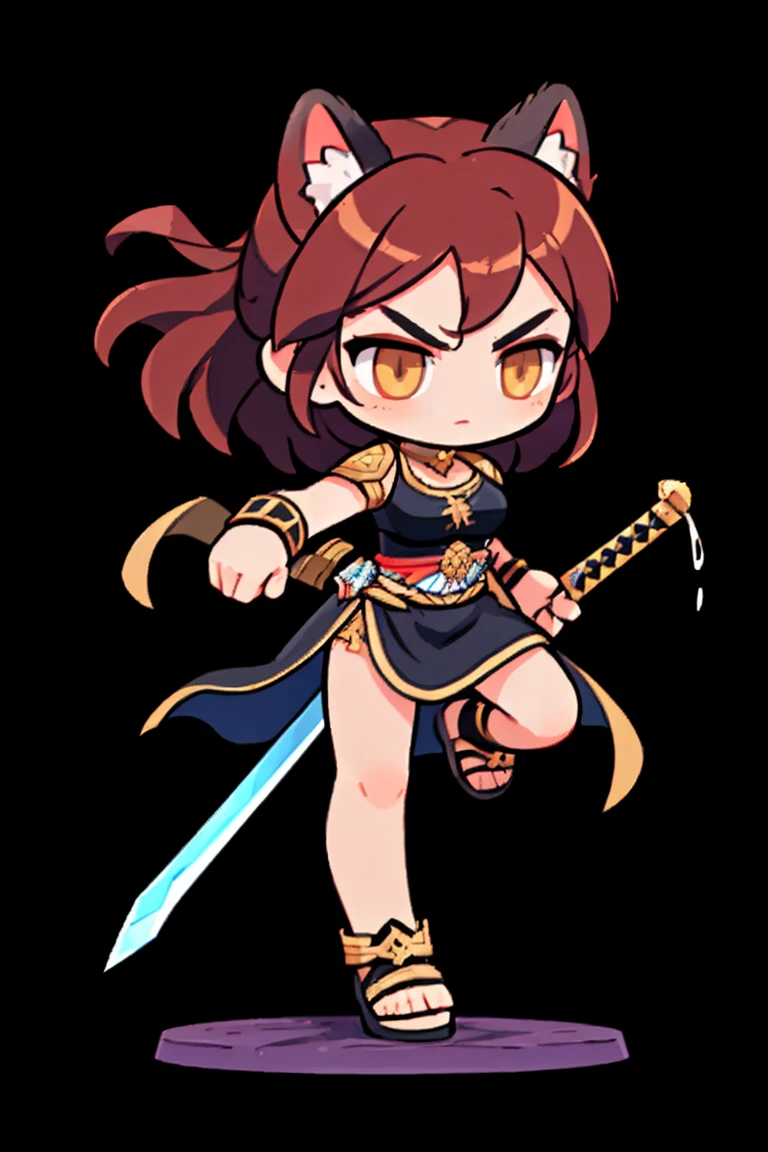 A female warrior wields a sword  ,   Greek female warrior, Costume color black, Natural background. ivory hair  ,  cat ears , brown eyes ,  Hero landing moves with a sword,   Battle Sword  . Aggressive posture  