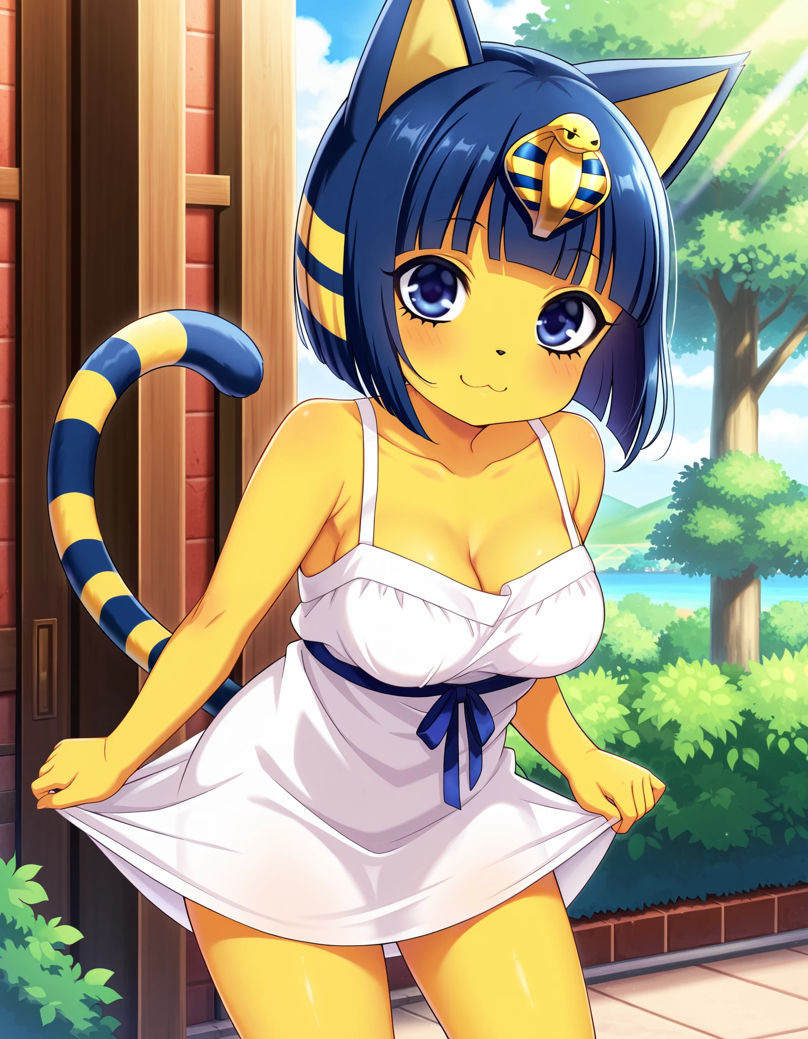 score_9, score_8_up, score_7_up, source_anime, rating_safe, best quality, masterpiece,  
BREAK
ankha (animal crossing), 1girl, ;3, animal ears, standing, looking at viewer, blue eyes, blue hair, cat ears, cat tail, closed mouth, colored skin, female focus, looking at viewer, outdoors, short hair, medium breasts, smile, solo, standing, tail, thighs, yellow skin, white dress, female focus, outdoors
