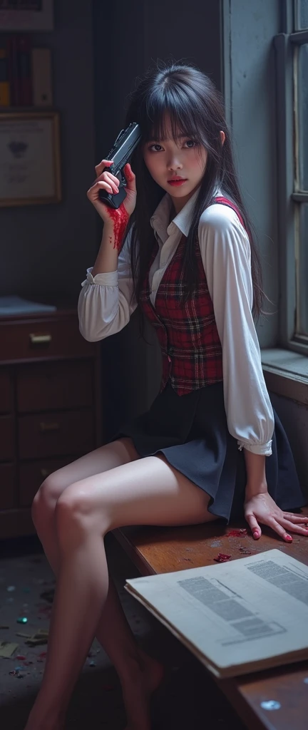 (((masterpiece))),(((best quality))),(realistic:1.1),photorealistic, ultra high res, 8k, RAW photo,professionally color graded, professional photography,Highly detailed,finely detail,(beautiful face), (beautiful detailed eyes,shiny eyes),pale skin, shiny skin, (shine light on face:1),(light on face:1), 1 glasses girl,long hair,black hair,heart-shaped face,Full lips,school uniform, plaid skirt, sitting, chair,playground,from below, looking at viewer,