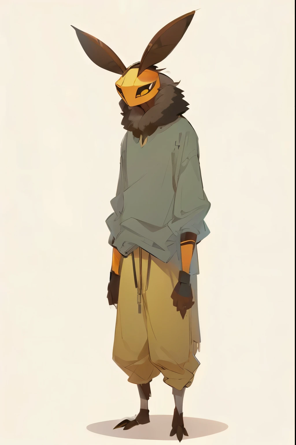 anthro moth, moth head, stick figure limbs, digitigrade, brown fluffy neck, brown fuzzy limbs, inspired by the death's-head hawk moth, a death's-head hawk moth, large moth antennae, large moth wings, only 3 fingers on each hand, very thin arms, insect limbs/arms, very thin digitigrade legs, insect legs, insect bipedal, wearing baggy tan pants, wearing a baggy gray long sleeve shirt. drawing outlines, drawing, flat shading. fix hands