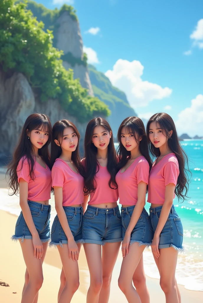(3 girls), young faceอินโดนีเซีย, 12 years,smile, white skin, Round breast, blue eyes,Wear a skirt((Wear a T-shirt with open shoulders.))Masterpiece, Highest quality, 8K, beautiful girl, young face、 photography, Cute face, thigh,By the sea, รอยsmile、((((((อายุ 12 years))))))、small waist、 ((big breasts))