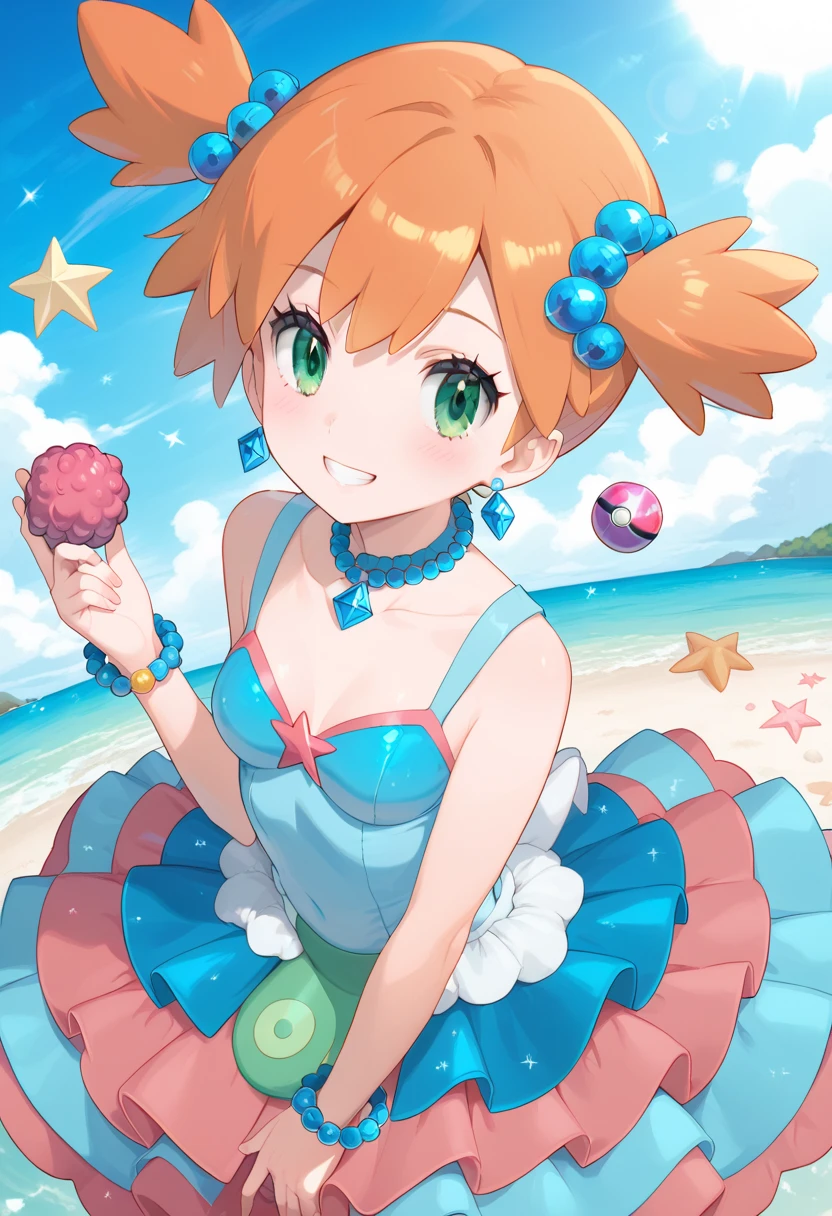 (Misty_Pokemon) 4k, 8k, high quality,
(Berry Short,Orange Hair,Big green eyes,Small breasts,Skinny) Ball Gown: This is a dress exclusive to Pokémon Contests, introduced in the sixth generation of the video games. It is a Japanese idol dress with pastel and bright blue colors, decorated with various ornaments such as pearls, diamonds or starfish.  It includes a bow,  high heels, and a golden bracelet to Mega Evolve .Dress in blue tones, beautiful shiny dress, masterpiece, best quality