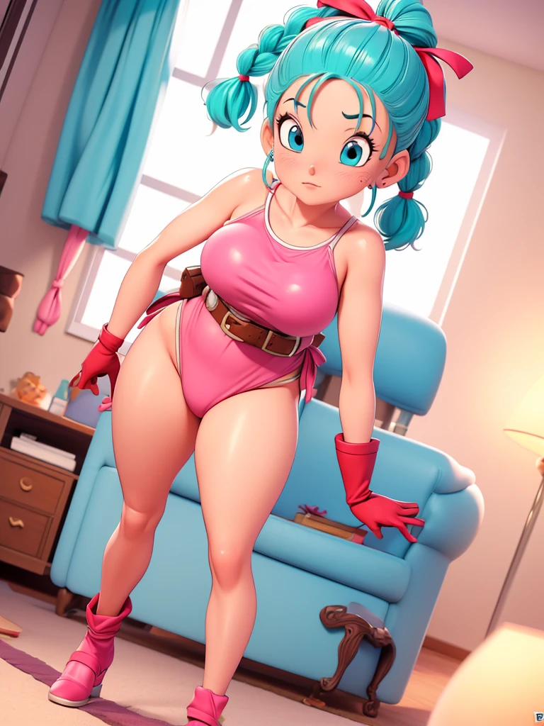 (masterpiece, best quality), 1girl, bulma, 1girl, solo, blue eyes, blue hair, aqua hair, single braid, braided ponytail, hair ribbon, red ribbon, hair bow, earrings,belt,brown gloves, full body, huge breast, bikiny color pink sexy small