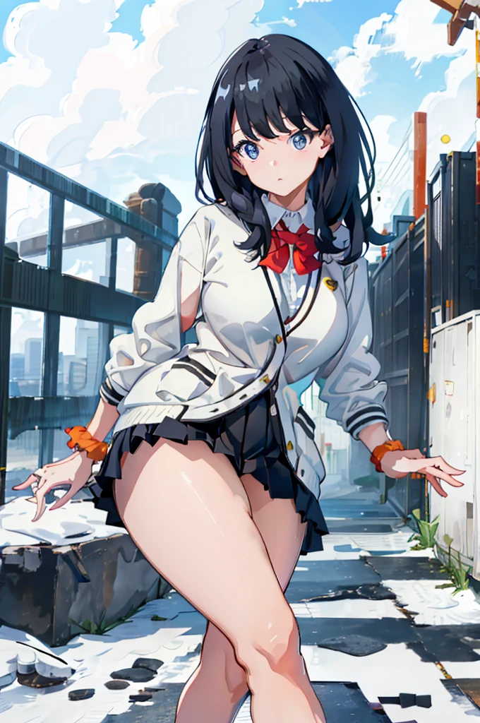 masterpiece,  best quality,  high definition ,  Takara Darika , Rich 1,  1 girl,  Takara Darika ,  black hair, Alone,  blue eyes, wrist Scrunchie, Long Hair, Red socks,  school uniform,   Black Skirt  , bangs,  pleated skirt,  Orange Scrunchies ,  red ribbon,  White Cardigan ,  Long Sleeve ,  bow tie,  Loafers,  white shirt,   miniskirt,  white sweater,  Big Breasts . thick thighs 