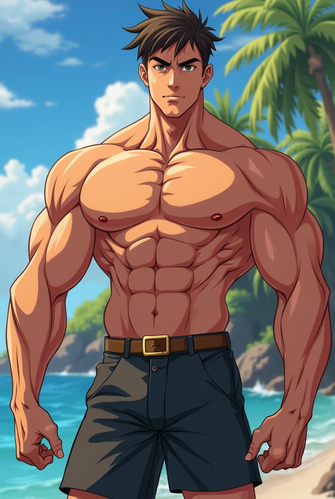 score_9, score_8_up, score_7_up, score_6_up, score_5_up, score_4_up, 1boy, big_pectorals, big_muscles, dad_bod, soft_belly, action_in_the_front_faux_hawk, dark_blue_hair