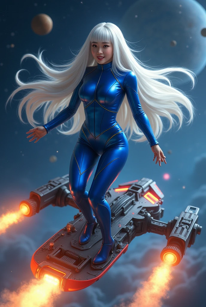 Best quality, 4K, american comics art style, vintage space beautiful woman,long hair,looking to observer,(((detailed silver sci-fi armor over dark blue and orange sheer tight latex suit))),in the hallway of a spaceship scenario, ponto de vista de baixo para cima, dramatic lights