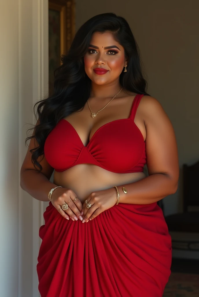 A very beautiful girl with wheat skin and curly dark brown hair who wears a beautiful and attractive red dress that flaunts her body. and she is a little fat