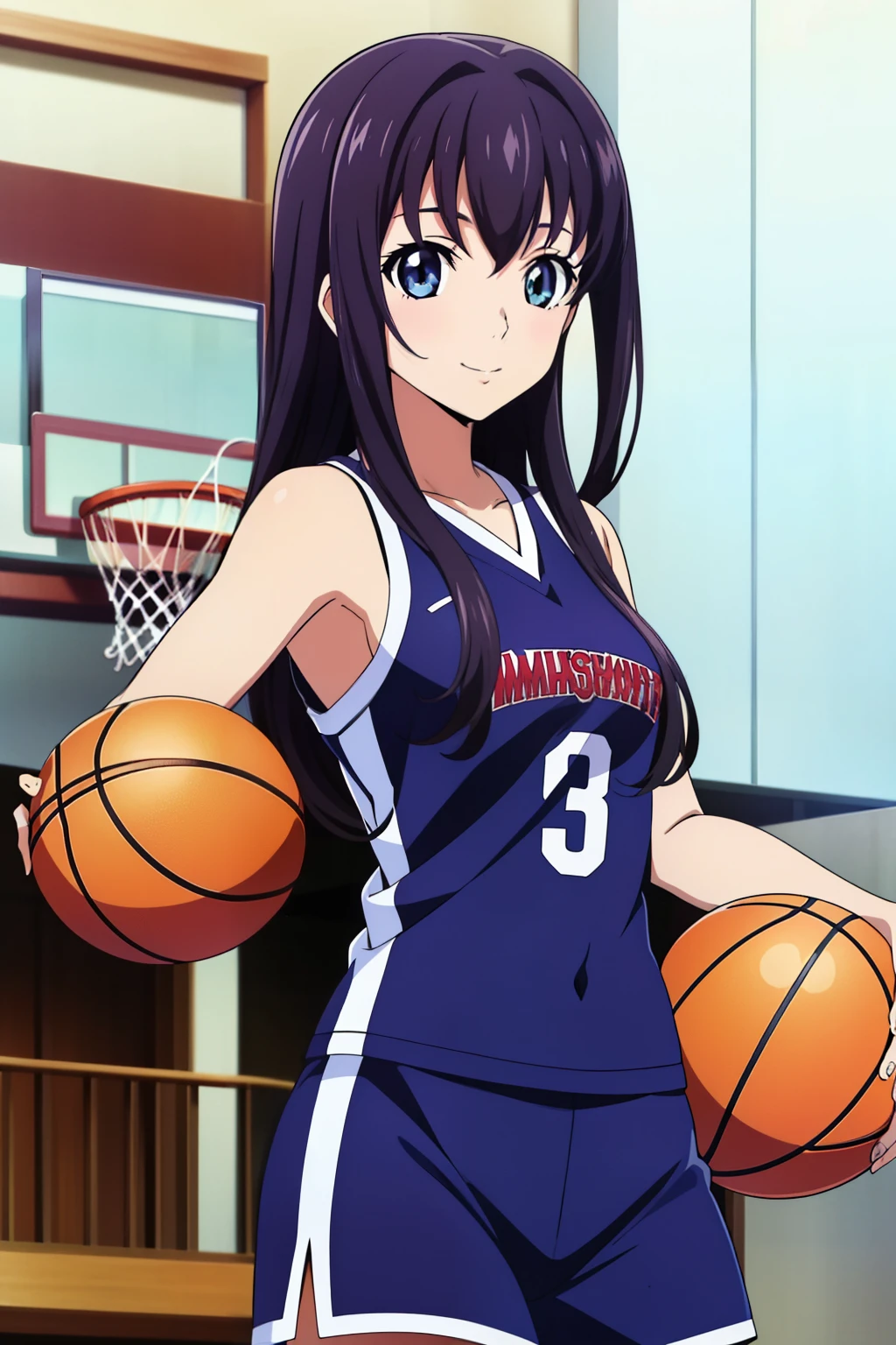  1 girl, cute, black hair, 髪band, masterpiece, beautiful Navel, ((Playing basketball in the high school gym.)),  (smile), (Shooting a jump shot),  (black basketball team uniform), (anime cels style, Masterpiece, best quality, high resolution, anime colored, megami magazine:1.2, anime poster style, anime keyvisual, sharp, 8k, photorealistic), beautiful eyes