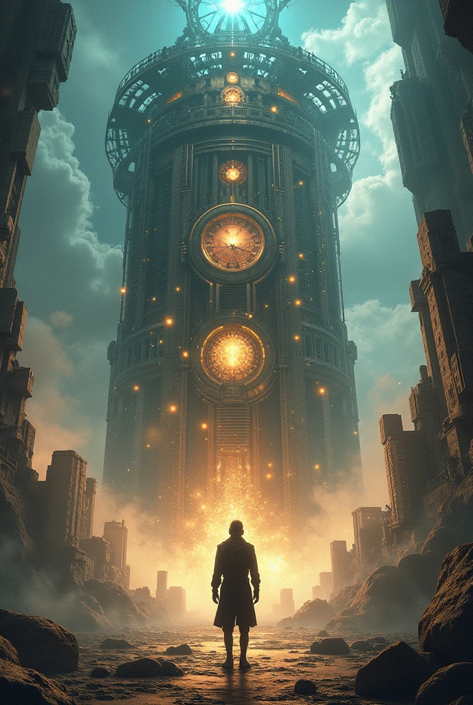 The machine is activated, Lights and flashes surround the Traveler. The numbers on the clock are moving quickly, showing the passage of time.