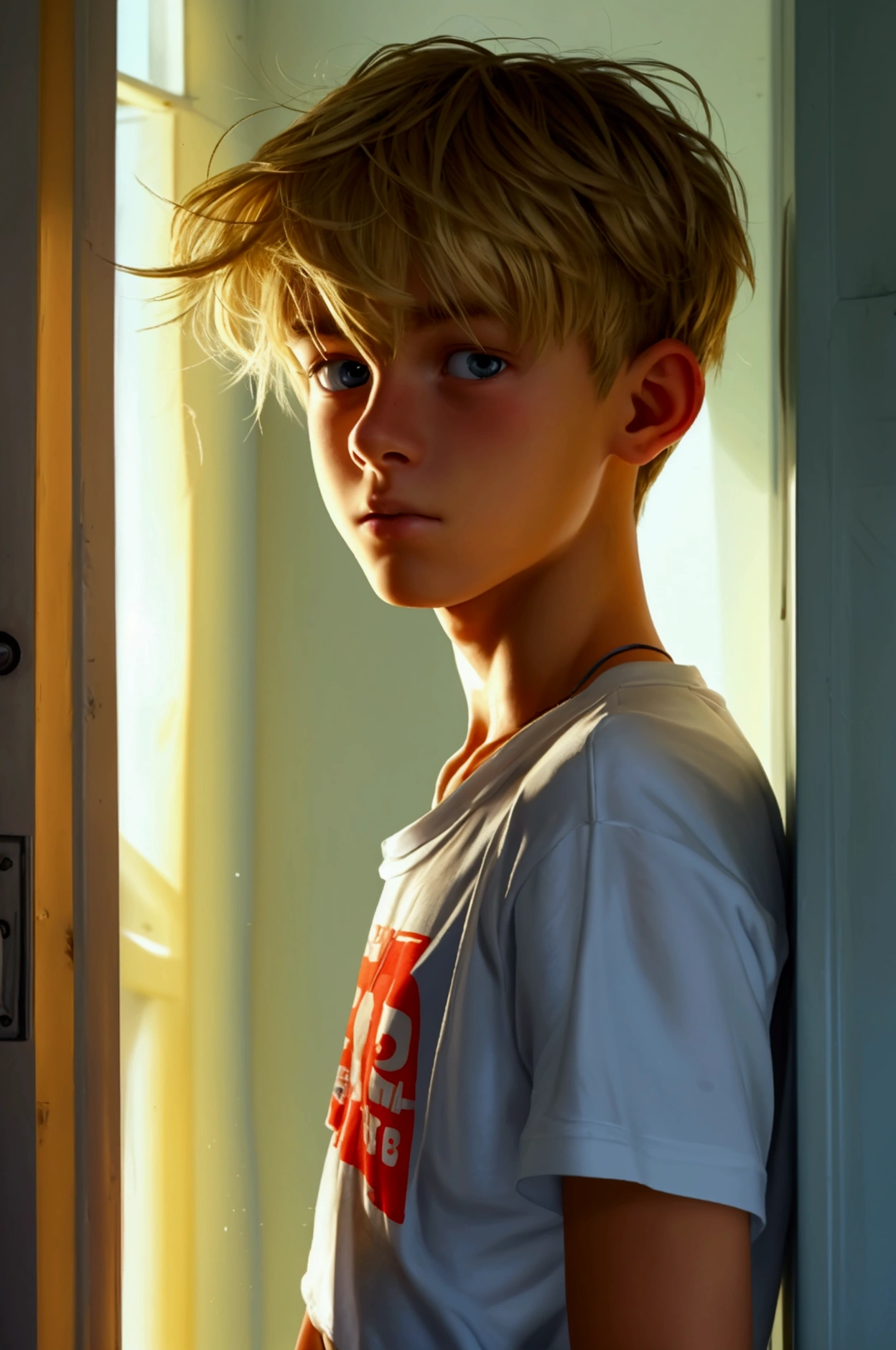 A photo of a young  male cute boyish imature shirtless 18yo teenager, Innocent face, innocent expression super skinny, blond, handsome, dumb face, in a closet,  full school yard wearing a super tight shorts hyperrealism photo. Full-body male focus. Focus on male cuteness 