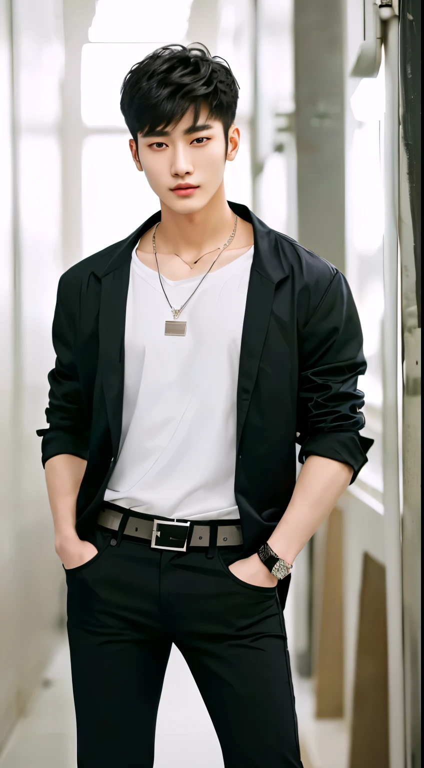 masterpiece, Best quality, realistic, a handsome Thai-Korean guy, big muscles, dressed in a casual yet stylish outfit, wearing a prominently visible wristwatch. The outfit should be modern and elegant, with meticulous attention to detail in both the clothing and accessories. The wristwatch adds a touch of sophistication to his overall look