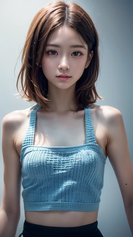 (masterpiece, highest quality:1.2), 8k, Absurd, (Upper Body:1.2), Violet, Gardenias, beautiful girl, (Pretty face, Detailed face:1.2), (Crochet Halter Tank Top:1.2), Large Breasts, View your viewers, Film Grain, chromatic aberration, Sharp focus, High resolution, Face Light, (Simple Background, Dull Blue Background:1.3)