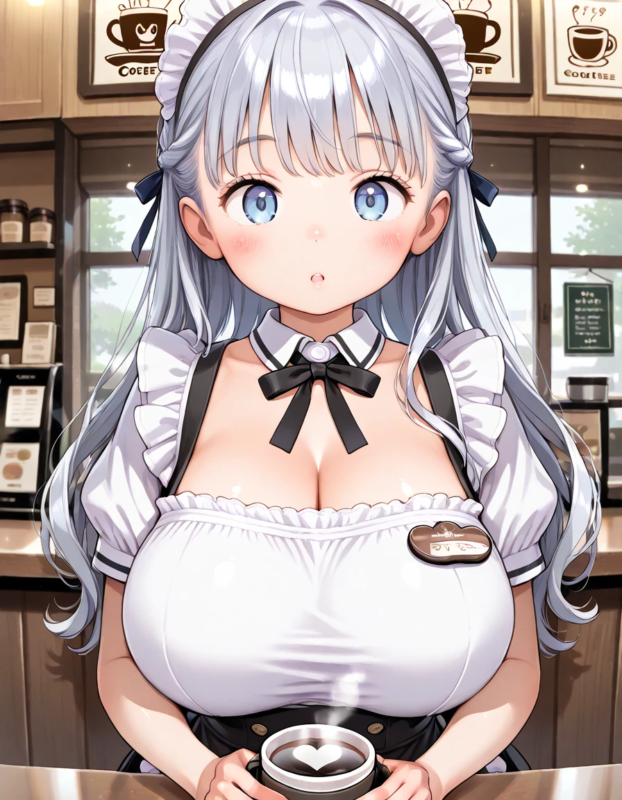 Close up shot of a person holding a coffee cup, Sweet girl, Cute, Round face, Woman with wavy silver hair, bangs,  light blue eyes, apron,  waitress ,  coffee shop , huge breast