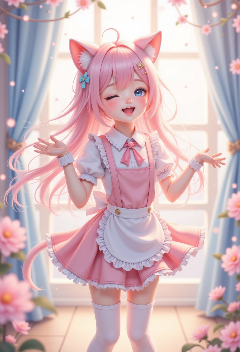  1 girl at home\(:d, > <,Blue Eyeshadow, charming,Full, Long hair, Light Pink头发,curls, hair fluttering in the limbs,  pale ,Pink Cheeks,  pink lips , bangs, Cat ears, skirt\(Short,Light Pink,  ****ta Fashion , Open cracks \),White apron,Chest,  Blurred foreground ,  blush, Bokeh,  with eyes closed,   Depth of Field ,   Smile,  Perfect FoneCe  , High Aims, ,  dynamic posture, cheerful posture  ,whole body, charming hairpins,  pink lips , white suspenders over the knee socks\), Soft tones, background \(dream, Soft tones,Many lights\),