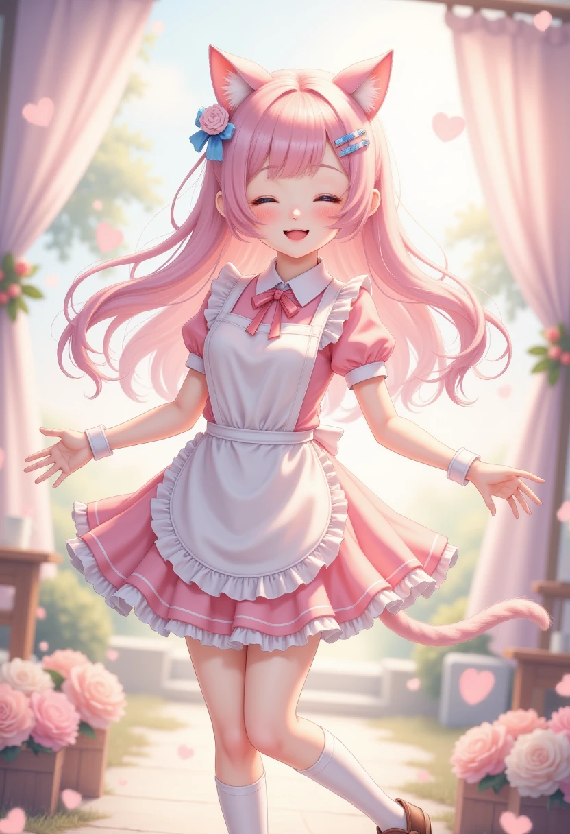  1 girl at home\(:d, > <,Blue Eyeshadow, charming,Full, Long hair, Light Pink头发,curls, hair fluttering in the limbs,  pale ,Pink Cheeks,  pink lips , bangs, Cat ears, skirt\(Short,Light Pink,  ****ta Fashion , Open cracks \),White apron,Chest,  Blurred foreground ,  blush, Bokeh,  with eyes closed,   Depth of Field ,   Smile,  Perfect FoneCe  , High Aims, ,  dynamic posture, cheerful posture  ,whole body, charming hairpins,  pink lips , white suspenders over the knee socks\), Soft tones, background \(dream, Soft tones,Many lights\),