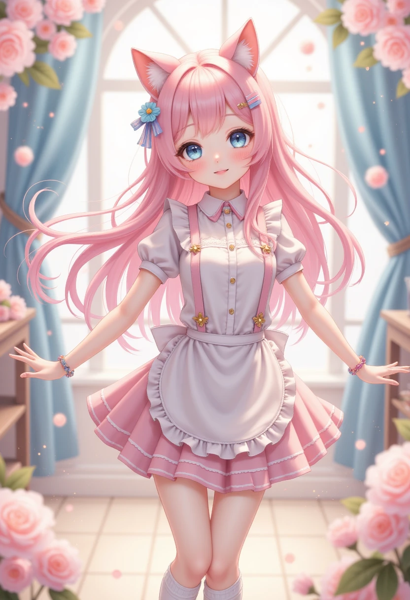  1 girl at home\(:d, > <,Blue Eyeshadow, charming,Full, Long hair, Light Pink头发,curls, hair fluttering in the limbs,  pale ,Pink Cheeks,  pink lips , bangs, Cat ears, skirt\(Short,Light Pink,  ****ta Fashion , Open cracks \),White apron,Chest,  Blurred foreground ,  blush, Bokeh,  with eyes closed,   Depth of Field ,   Smile,  Perfect FoneCe  , High Aims, ,  dynamic posture, cheerful posture  ,whole body, charming hairpins,  pink lips , white suspenders over the knee socks\), Soft tones, background \(dream, Soft tones,Many lights\),