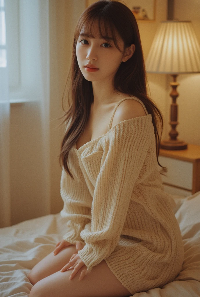 Highly detailed CG Unity 8K wallpaper, With the highest quality, super detailed, Master Pieces, Realistic, photographrealistic, extremely detailed cute girl, 25 years old, blush,, Round eyes, medium breasts, looking viewer, Half body shot ,off-the-shoulder sweater, (Showing panties) , Bathroom , back veiw , look back