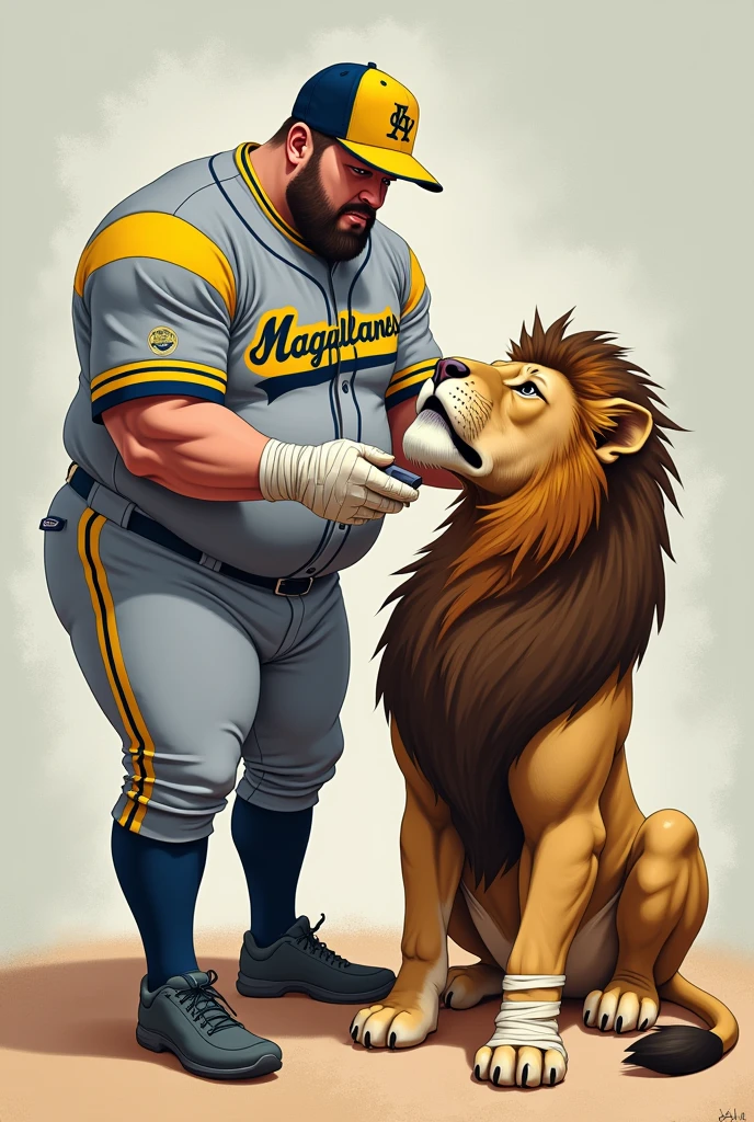Create a stocky baseball player in a gray uniform with yellow and electric blue edges on the shirt that says Magallanes shaving a poor lion with band-aids due to injury
