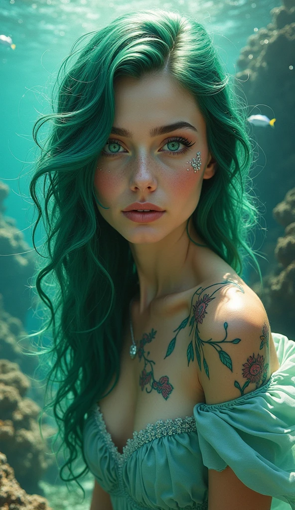 a girl with green hair and blue eyes is lying back in leaves bed of a dark background, perfect body, green flowing hair, body covered by leaves, girl with cosmic hair, 8k high quality detailed photoart, fantasy art style, detailed digital art, photographic fantasy artwork, epic fantasy art style hd