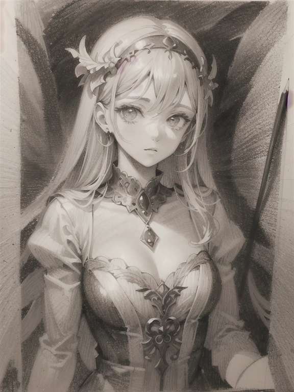 Drawing Lessons, top-quality, Poses, Correct anatomy, Beautiful body curves, Sketch beech, Daily Draw, vestments, Pencil、black-and-white、monochromes、Granblue Fantasy、Hair falls on the shoulders