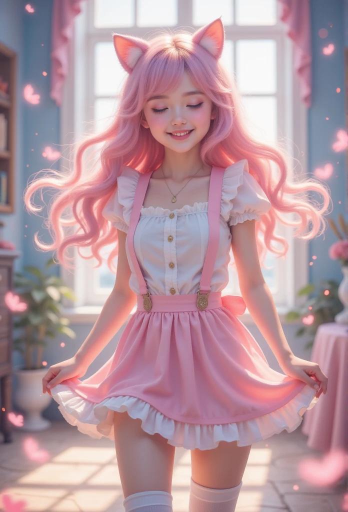 Extreme写实，Extreme， 1 girl at home\(:d, > <,Blue Eyeshadow, charming,Full, Long hair, Light Pink头发,curls, hair fluttering in the limbs,  pale ,Pink Cheeks,  pink lips , bangs, Cat ears, skirt\(Short,Light Pink,  Lolita Fashion , Open cracks \),White apron,Chest,  Blurred foreground ,  blush, Bokeh,  with eyes closed,   Depth of Field ,   Smile,  Perfect FoneCe  , High Aims, ,  dynamic posture, cheerful posture  ,whole body, charming hairpins,  pink lips , white suspenders over the knee socks\), Soft tones, background \(dream, Soft tones,Many lights\),