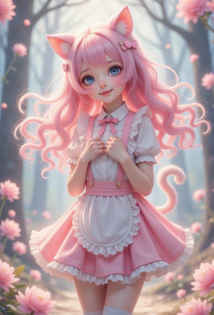 Extreme写实，Extreme， 1 girl at home\(:d, > <,Blue Eyeshadow, charming,Full, Long hair, Light Pink头发,curls, hair fluttering in the limbs,  pale ,Pink Cheeks,  pink lips , bangs, Cat ears, skirt\(Short,Light Pink,  ****ta Fashion , Open cracks \),White apron,Chest,  Blurred foreground ,  blush, Bokeh,  with eyes closed,   Depth of Field ,   Smile,  Perfect FoneCe  , High Aims, ,  dynamic posture, cheerful posture  ,whole body, charming hairpins,  pink lips , white suspenders over the knee socks\), Soft tones, background \(dream, Soft tones,Many lights\),