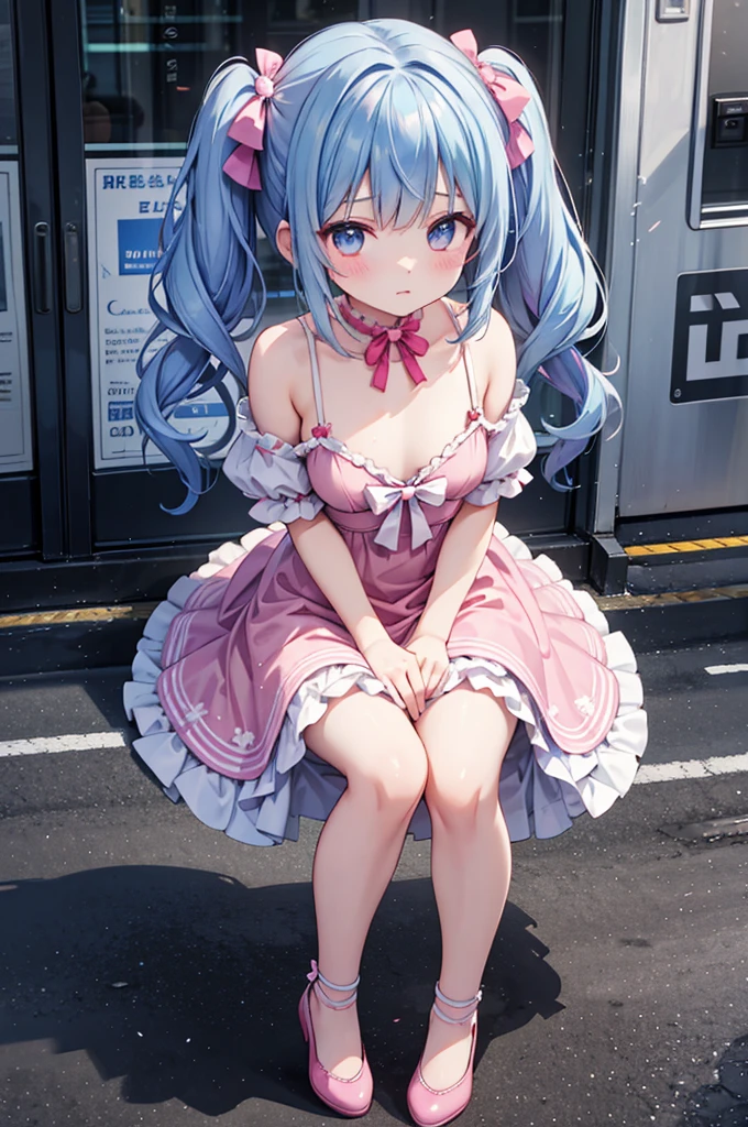 small anime girl, detailed image, full body, Rem hair style, big breasts, cleavage, gym clothing, cute pose, cute expression