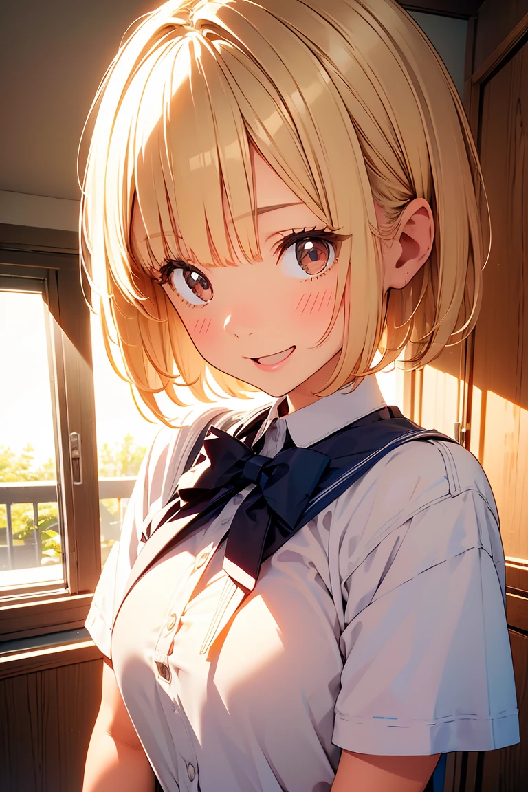 1girl,
indoor, lockerroom,
short bob hair, blonde hair, BREAK,
school uniform,
Looking down,Look at the viewer,from a ,From below,low angle shot,{{{from below:2.0}}},
Presenting Panties, Best Quality, ,absurderes, Perfect Skin, Detailed skin texture, ultra-detailliert, 8K, Intricate details, beautifull detailed face,hight resolution,
 {{{shaded face}}}, mock, smile, happy smile, open mouth, looking down at viewer, masterpiece,absurderes, beautiful detailed face,sigh