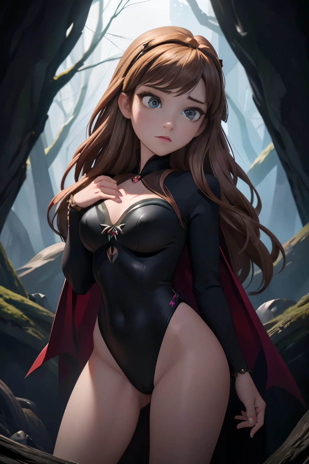 masterpiece, Highest quality, masterpiece, (One girl), (letter), Evil Witch, Dark Energy, Empty, Hollow Eyes, (an extremely evil), black magic, Dark Forest, Negative Energy, hell, Empty, performer, Brown Hair,Wearing a black high-cut swimsuit、Anna of Arendelle