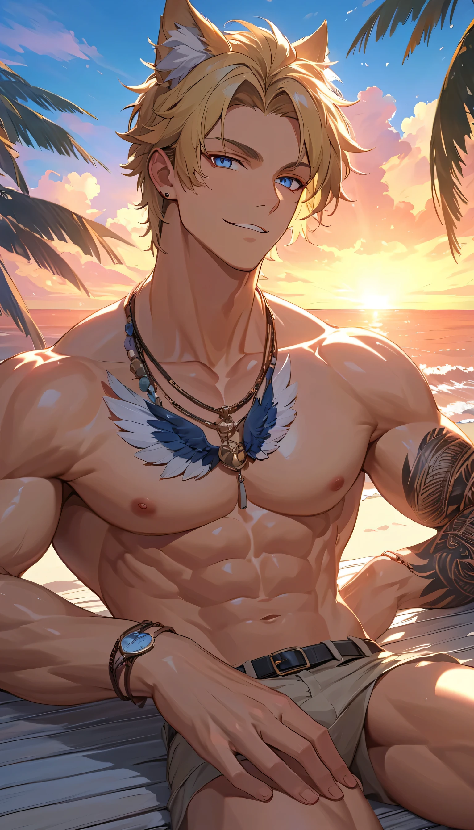 absurdres, highres, ultra detailed, HDR, master piece, best quality, Hawks, ash-blonde hair, expressive golden brown eyes, faint stubble, red wings, Boku No Hero Academia, solo, sexy man, handsome, horny, lewd, black hat, fantasy black pirate clothes, accessories, showing the chest, beach, sea, petals, flowers