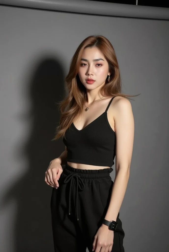 ((best quality)), ((detailed)),(masterpiece), ((perfect face, young skinny girl, skinny legs, skinny thighs, skinny waist, narrow hips )), (((red hair)), green eyes, wavy long hair, freckleake up, silver neckles, silver earings, green eyes, slight smile, red lips), ( wear black clothing, black trousers,black hat, sunglasses ), outside, central city, people watching