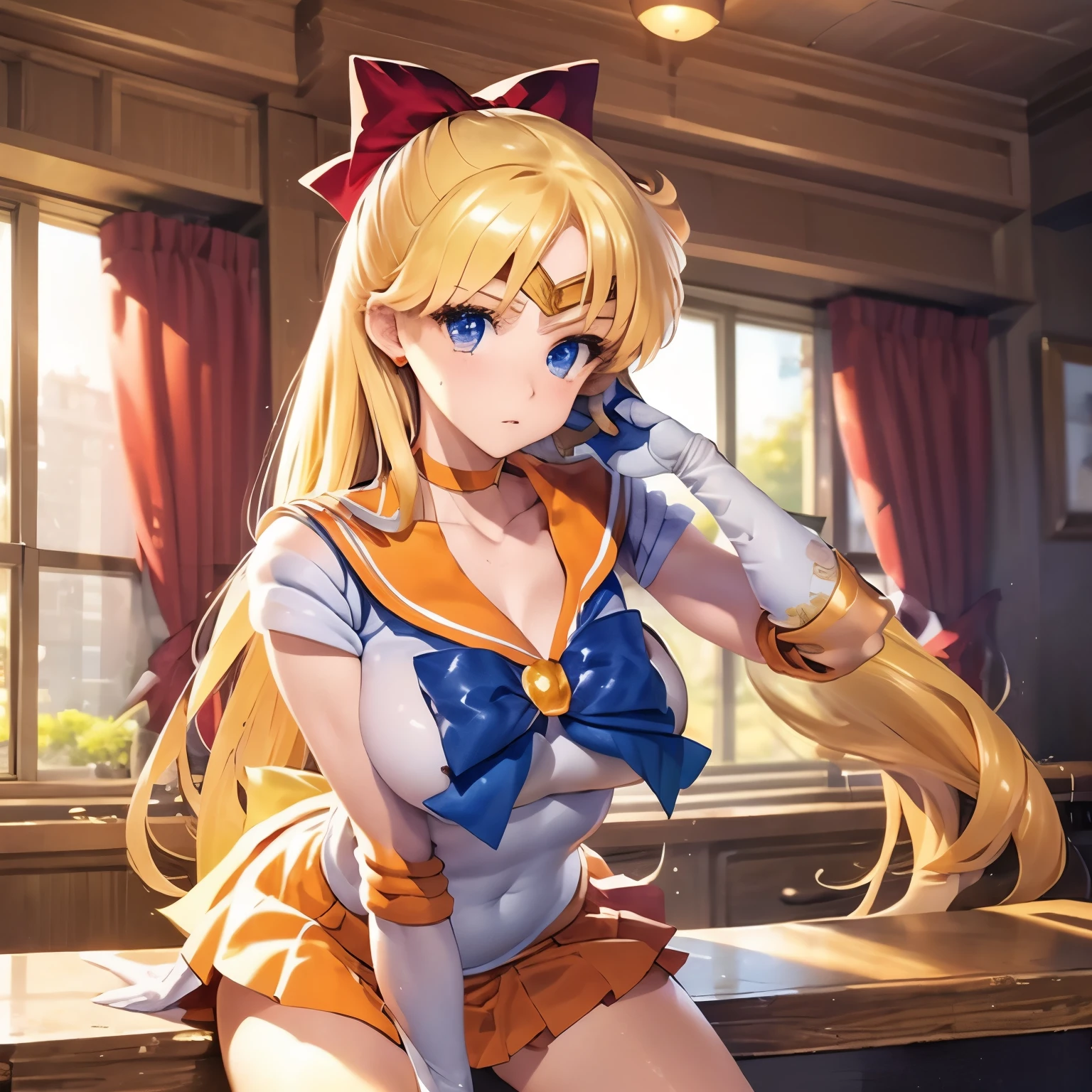 best quality, ultra-detailed, masterpiece,1girl, solo,sailorvenus, xsuperuniformx, (heartbrooch:0.3), choker, circlet, hair bow , gloves, pleated skirt, relaxed posture, elbows extended, standing, knees , , very embarrassed,riding a horse