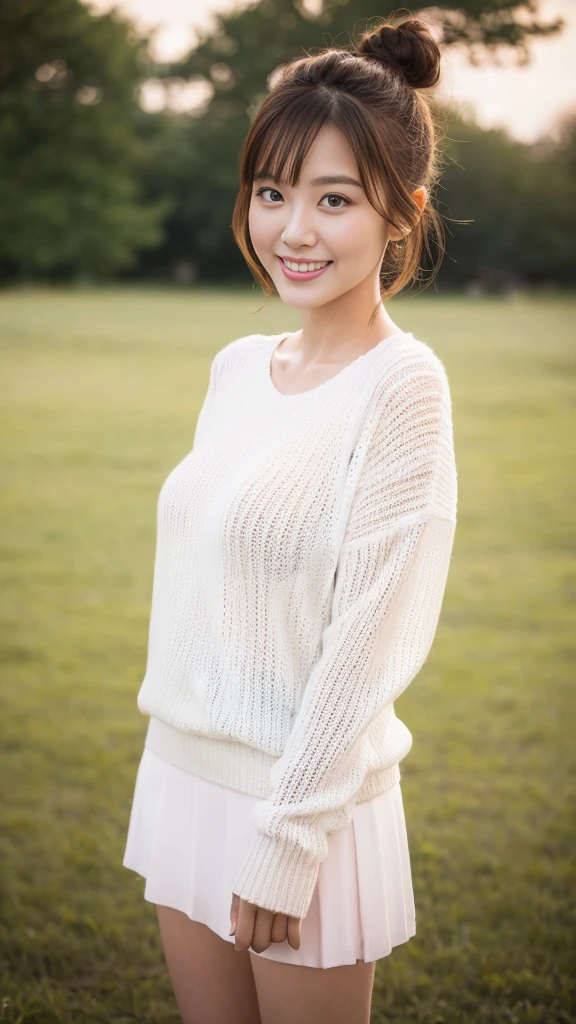 ((Best quality, 8K, Masterpiece:1.3, 1 girl, Beautiful girl)), Cute, Dynamism, Detailed face, Detailed skin, Detailed eyes, Detailed lips, Detailed fingers, Photorealistic, Raw photo, Natural lighting, dynamic pose, perfect anatomy, toned legs, round eyes, double eyelid, tear bags, moist lips, big breasts, (white hair), ((sheer, white knit dress)), looking at viewer, detailed clothes, long dress, outdoor, trees, autumn leaves, sky, cloud, cowboy shot, from front, (skirtlift, skirt tug), spreading thighs, bangs, ((red panties)), close up