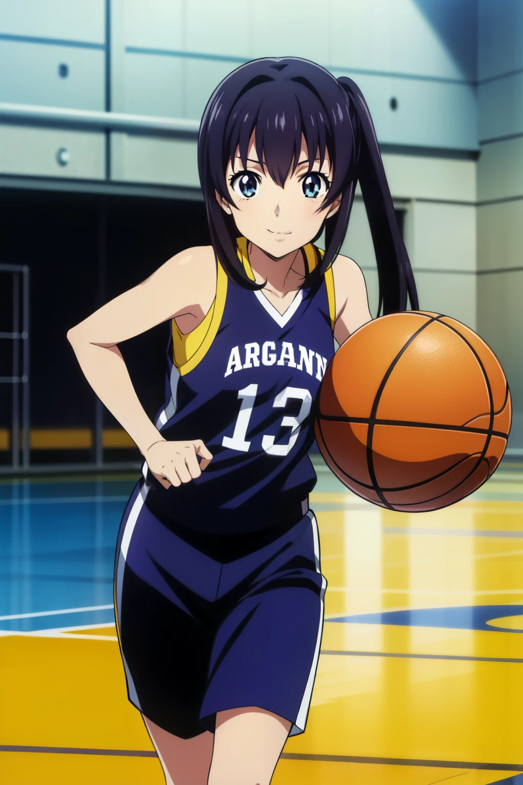 1 girl, cute, black hair, 髪band, pony tail, masterpiece, (Running and dribbling a basketball),  (black basketball uniform), ((in the high school gym)),  (smile), (anime cels style, Masterpiece, best quality, high resolution, anime colored, megami magazine:1.2, anime poster style, anime keyvisual, sharp, 8k, photorealistic), beautiful eyes