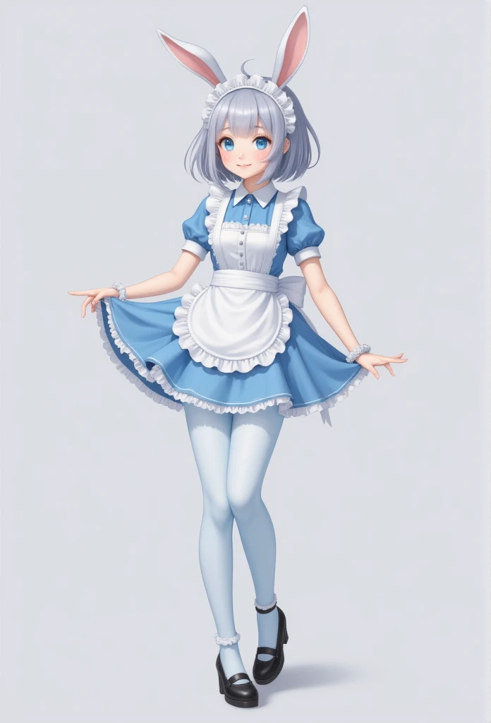  Bunny girl in light blue maid costume:1.5， wearing light blue tights:1.5，  best smile  :1.5， Full body shot :1.5， grey background:1.5， wearing black heels :1.5，Short side wave :1.5，