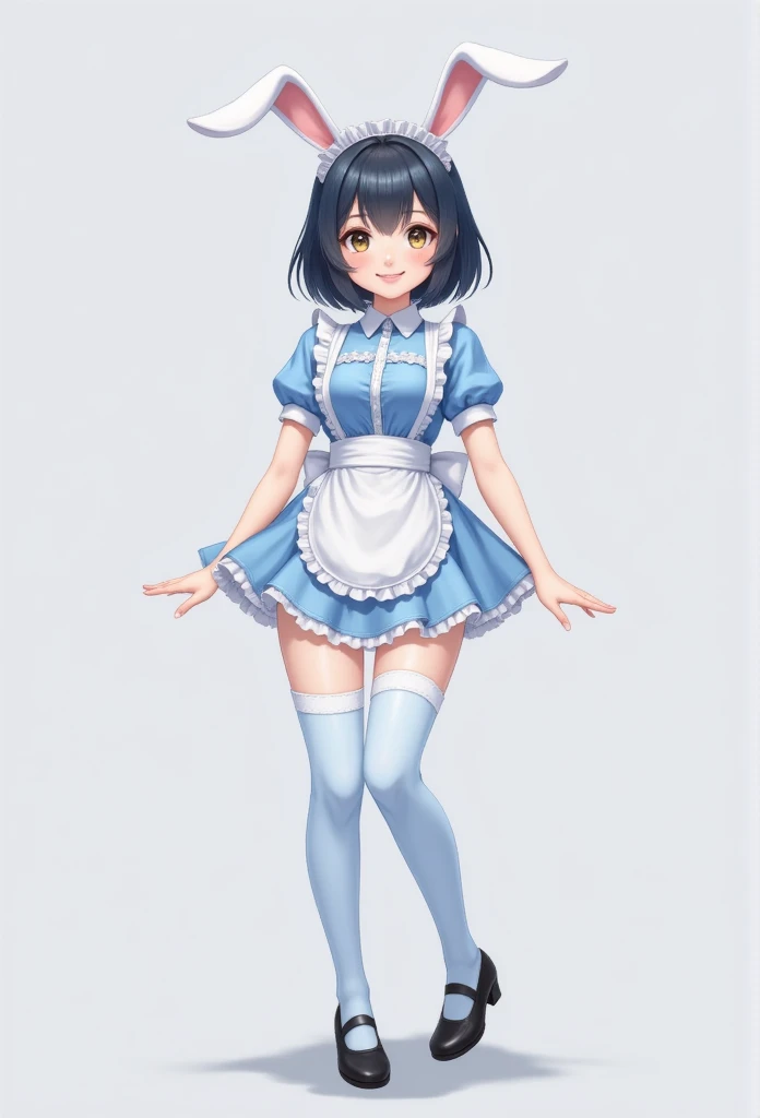  Bunny girl in light blue maid costume:1.5， wearing light blue tights:1.5，  best smile  :1.5， Full body shot :1.5， grey background:1.5， wearing black heels :1.5，Short side wave :1.5，