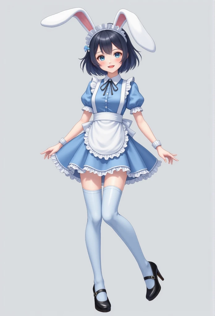  Bunny girl in light blue maid costume:1.5， wearing light blue tights:1.5，  best smile  :1.5， Full body shot :1.5， grey background:1.5， wearing black heels :1.5，Short side wave :1.5，