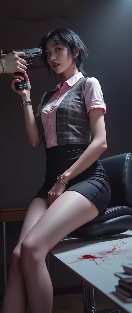 a woman works as a manager in the office, ((standing and showing off her crotch, skirt, panties)), (standing and open legs, bending legs and squatting a bit), blouse, id card, holding clipboard, window, floor, ceiling,